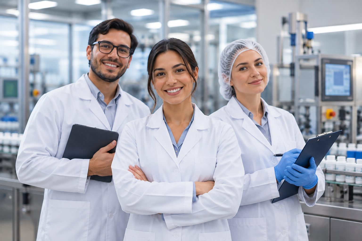 Equipo farmacéutico de tres profesionales en un laboratorio